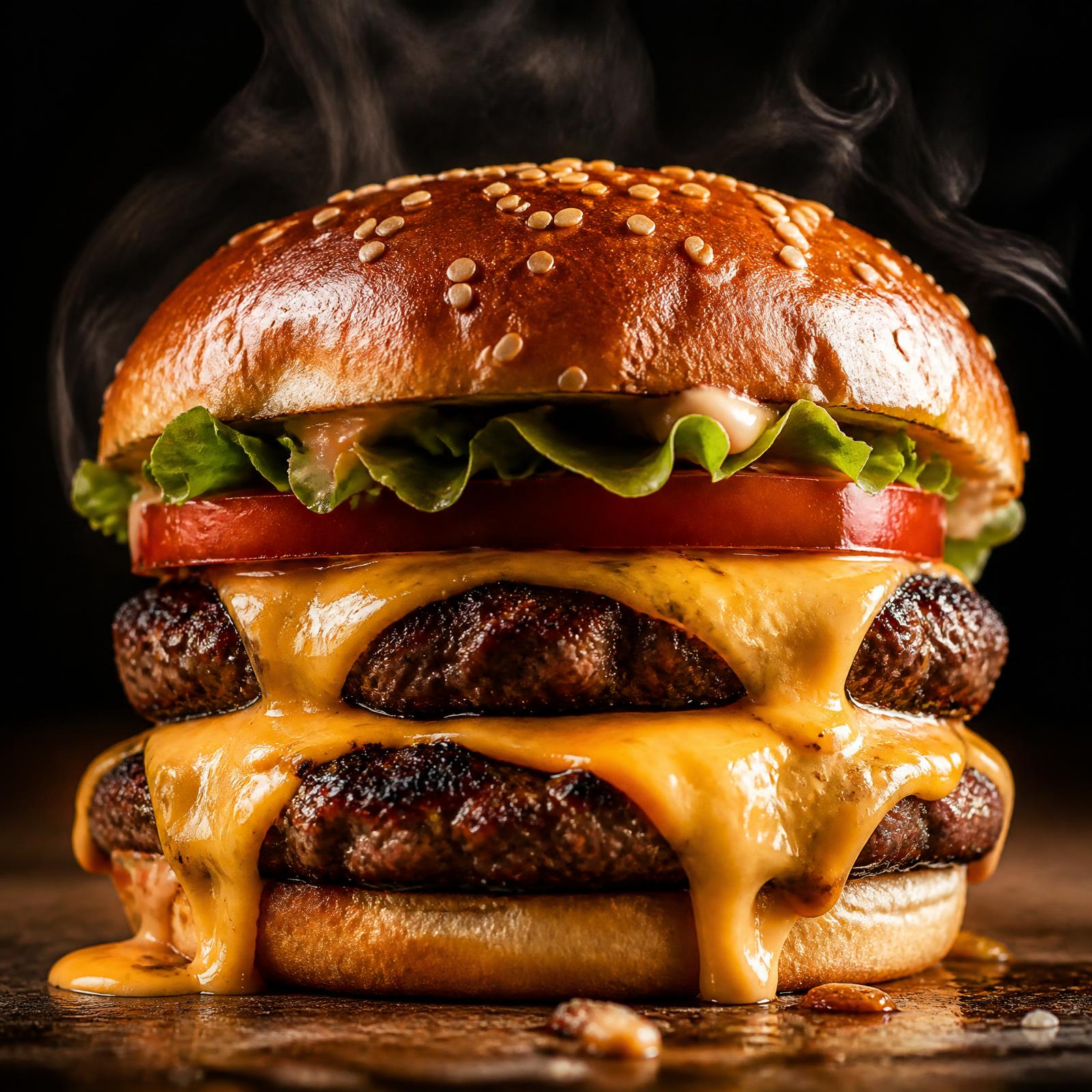 Signature double cheeseburger with melting cheese and steam